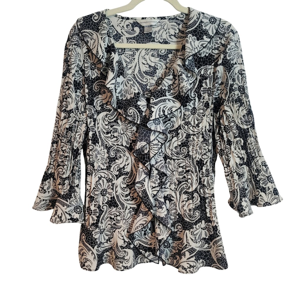 Christopher & Banks Womens Black White Paisley Ruffle Neck Bell Sleeve‎ Blouse L